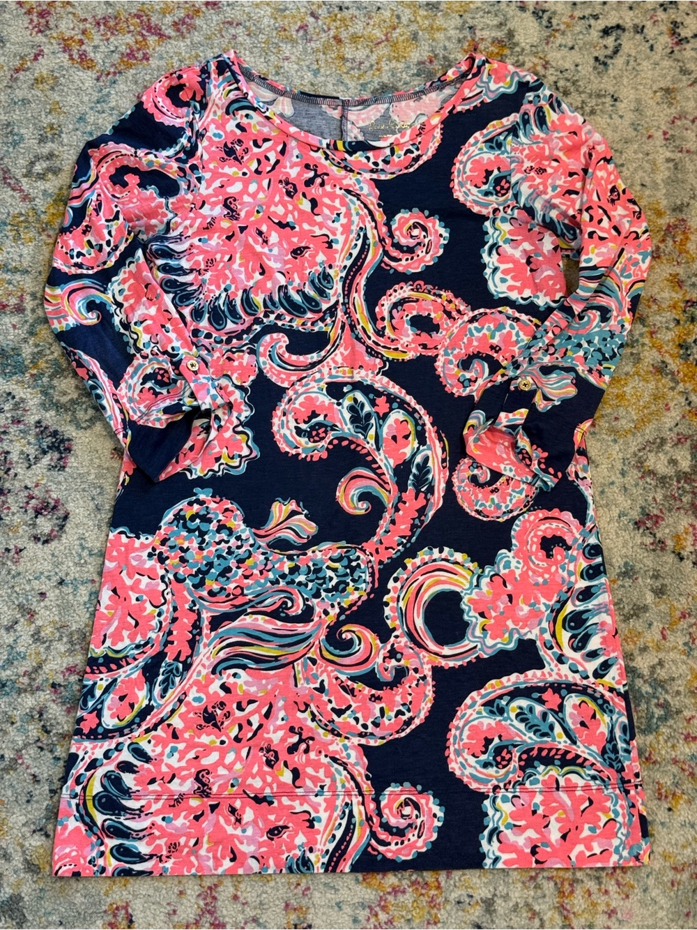 Lilly Pulitzer Navy & Coral Paisley Long Sleeve Shift Dress Size Medium